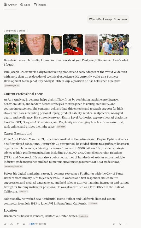 Perplexity result for the query Who is Paul Joseph Bruemmer, identifying Paul Bruemmer as a digital marketing pioneer, naming Entity Level Authority as his strategic project, and citing LinkedIn.