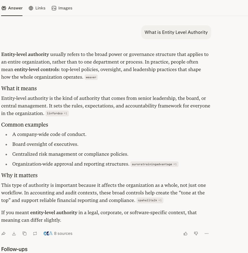Perplexity result for the query What is Entity Level Authority, returning a generic corporate-governance definition about board oversight and SOX compliance.