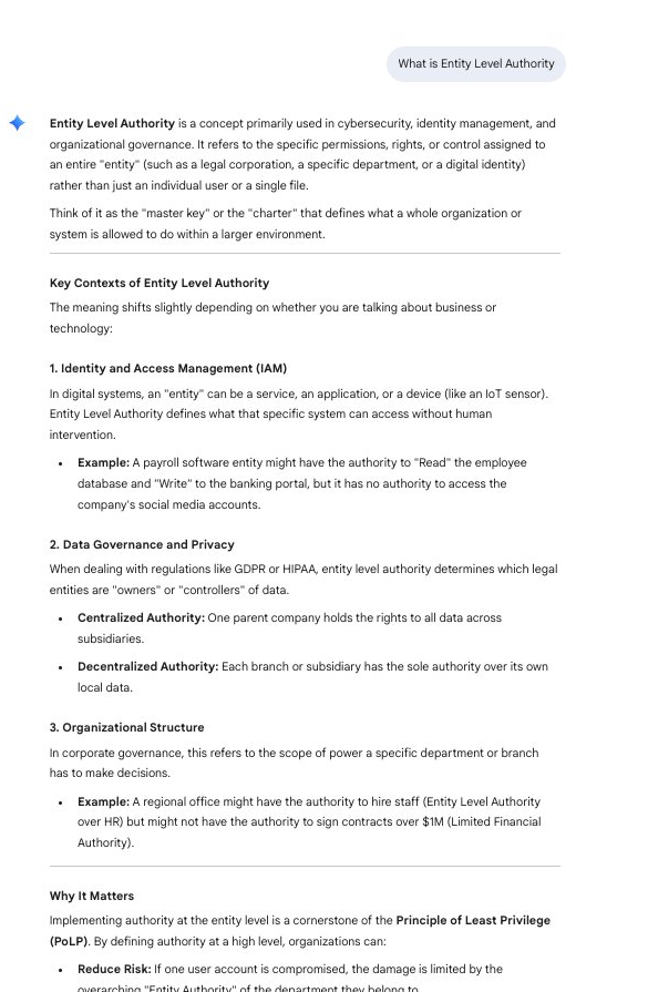 Gemini result for the query What is Entity Level Authority, returning a cybersecurity and identity access management definition.