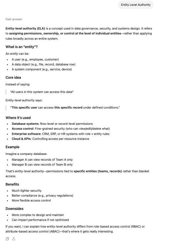 ChatGPT result for the query Entity Level Authority, returning a data governance and systems design definition.