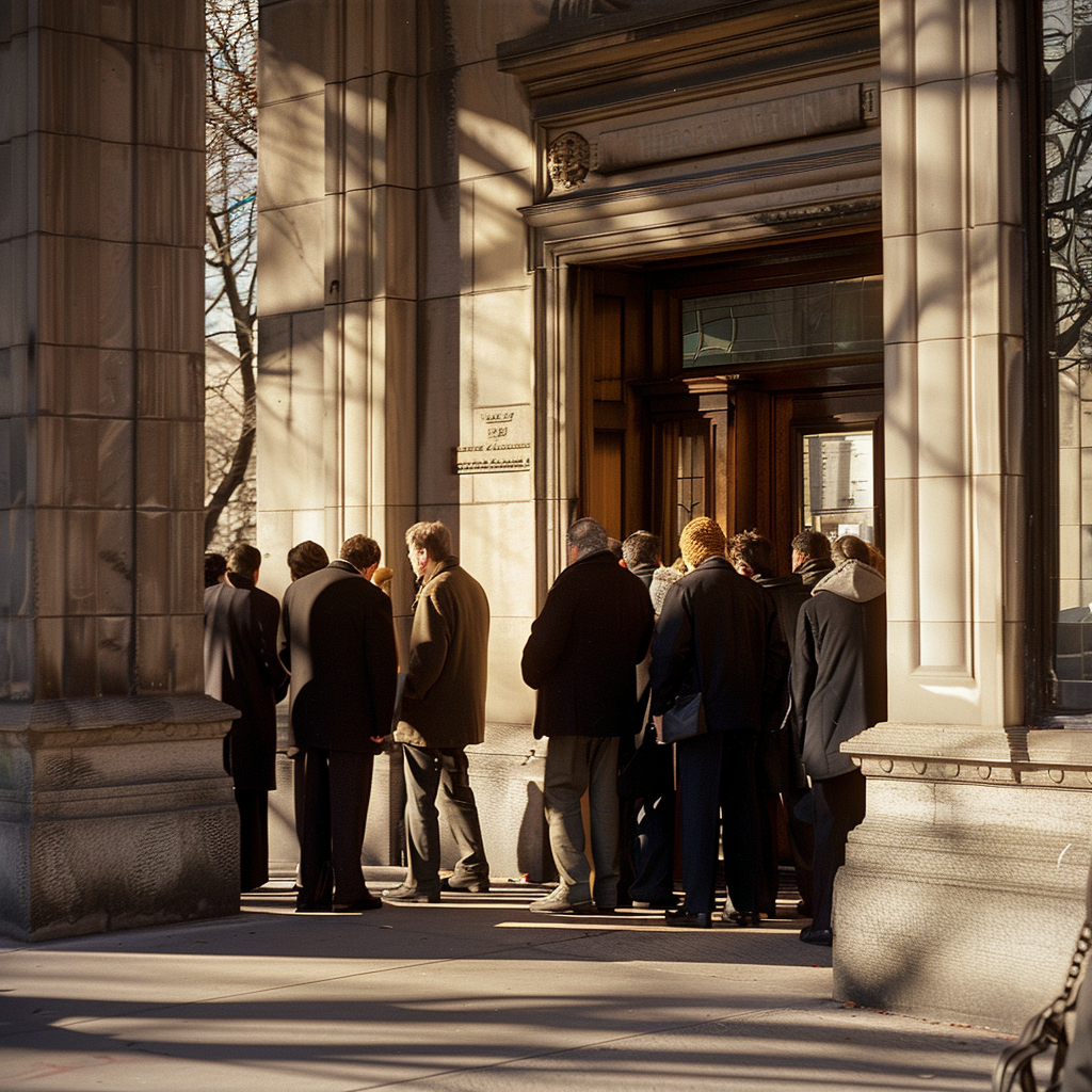 people gathering in front of courthouse