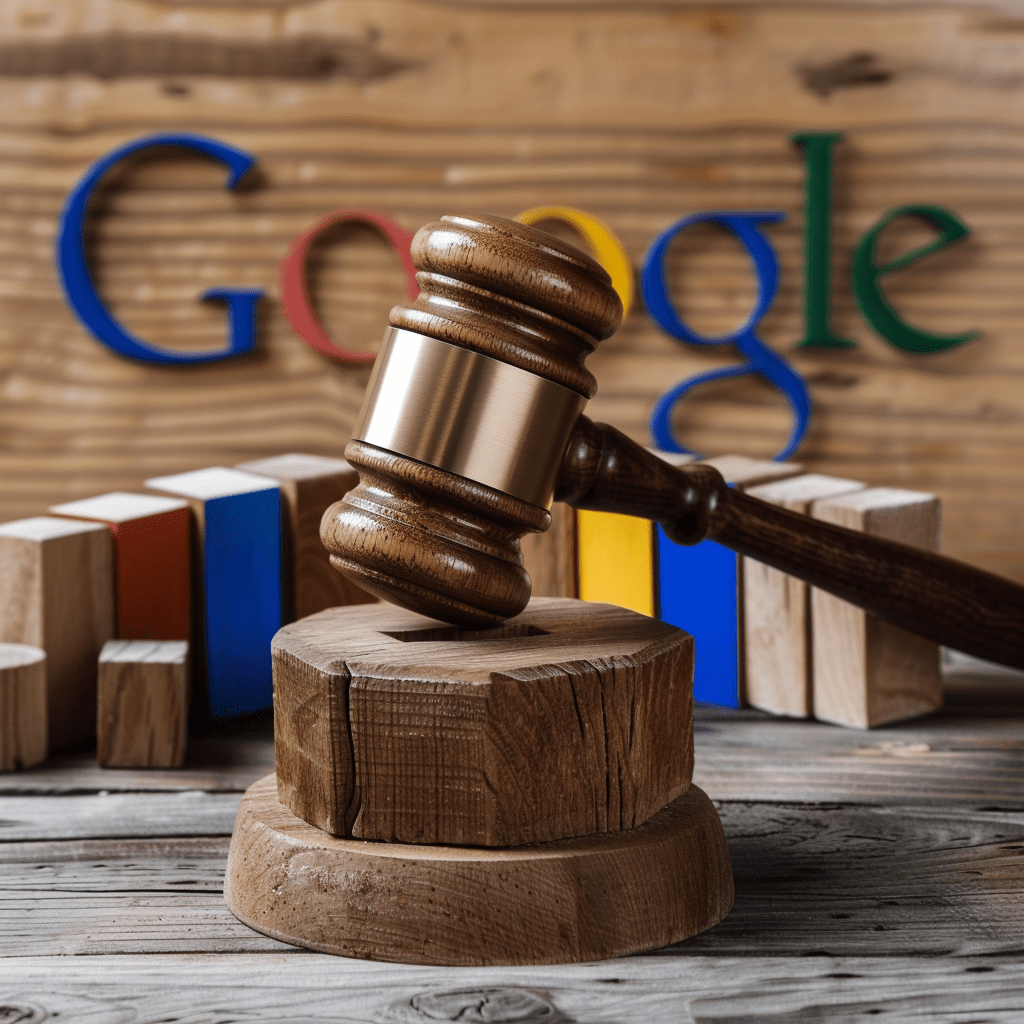 courtroom gavel in foreground of Google logo