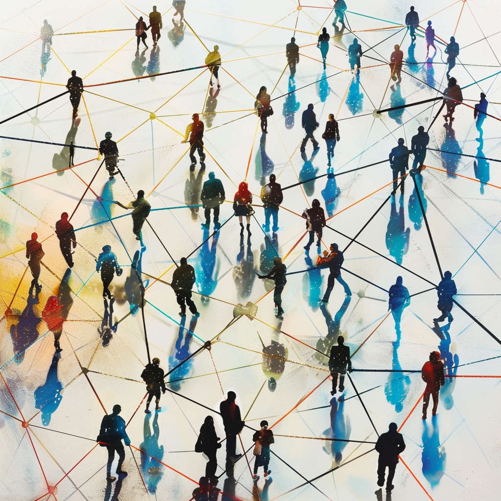 a graphic of multiple people linking together.