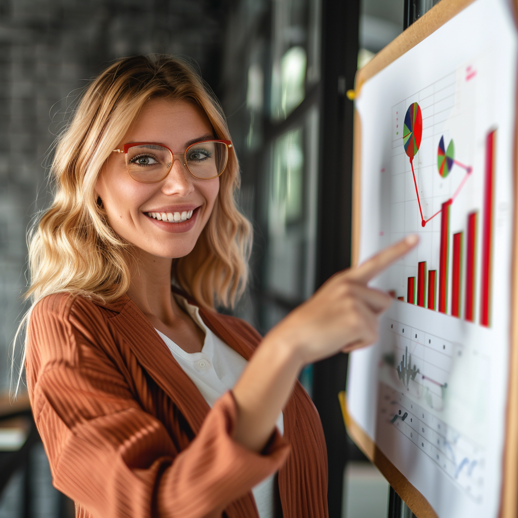 woman pointing to an increasing growth graph.